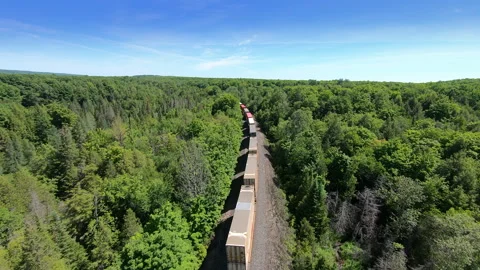 4K Aerial Freight Train Landscape, Colourful Trees and Sky Video stock 289235158
