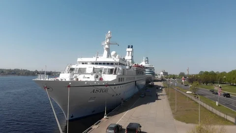 4k aerial front view of moored ship Astor in a sunny day, Riga Latvia Video stock 112983886