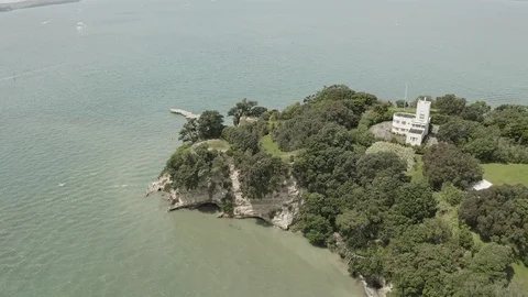 4K aerial high angle orbit of peninsula. Musick Point lookout in Auckland NZ. Stock Footage 107748244