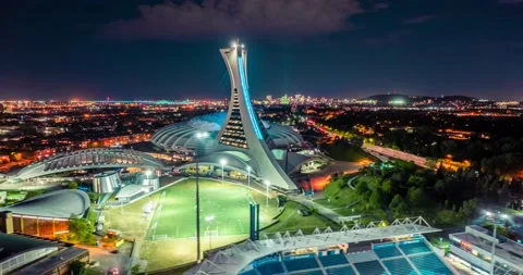 4K Aerial Hyperlapse Colourful Olympic Stadium in Montreal Stock Footage 220694925
