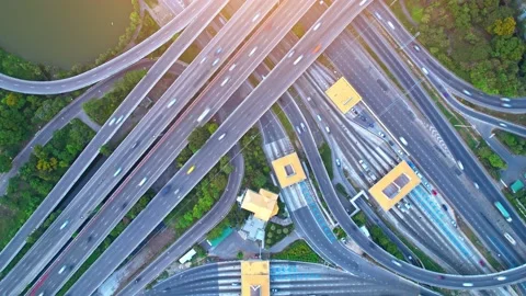 4K : Aerial Hyperlapse drone view of highway multi-level junction road. Stock Footage 171739558