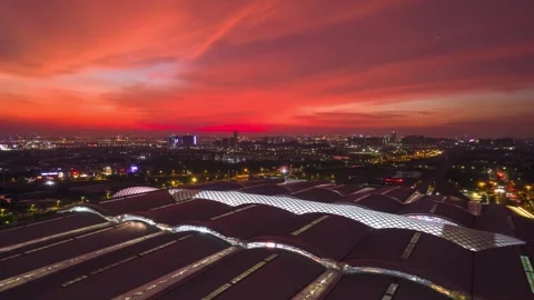 4K Aerial Hyperlapse of Flaming Clouds over Guangzhou South Station Vídeo Stock 345014062