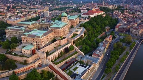 4K aerial hyperlapse footage of Buda Castle Royal Palace at dawn Stock Footage 88860400