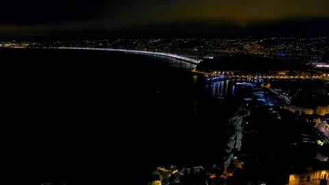 4K Aerial hyperlapse of Night Nice France promenade, Mediterranean Sea view Stock Footage 108601071