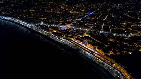 4K Aerial hyperlapse of Night Nice France promenade, Mediterranean Sea view Stock Footage 108601155