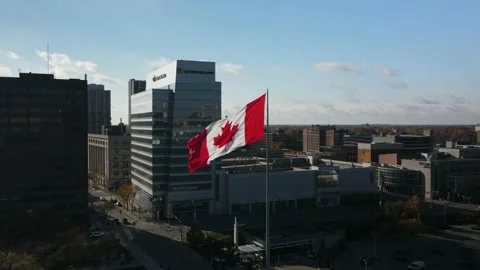 4K Aerial Hyperlapse rotating around giant Canadian flag waving in the wind on W Stock Footage 149900446