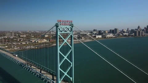 4K Aerial Hyperlapse Rotating Around Ambassador Bridge Pillar with View of Detro Video stock 149900459