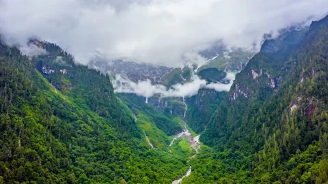 4K Aerial Hyperlapse Of Snow Mountain Waterfall On The Plateau,Tibet,China. Stock Footage 165278875