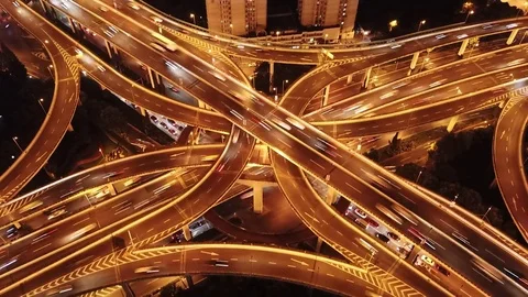 4k aerial hyperlapse video of highway traffic at night in Shanghai Stock Footage 84526657