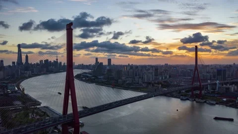 4K Aerial Hyperlapse Of Yangpu Bridge In Shanghai,China,Asia. Stock-Footage 164278497
