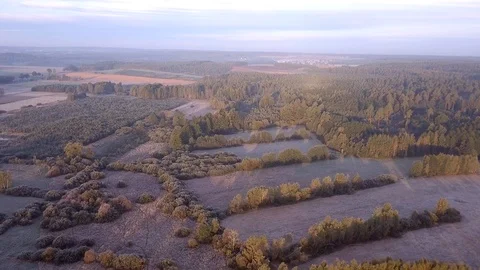 4k aerial landscape with fields and forests at cold foggy morning. 库存影片 95918630