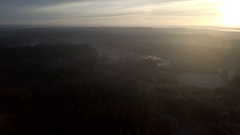 4k aerial landscape with fields and forests at cold foggy morning. Stock Footage 95919081