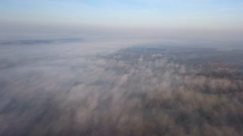 4k AERIAL landscape with flight over fog and autumnal forest Видео 98114591