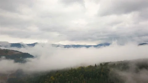 4K .Aerial landscape. Fly in  mountain clouds, gloomy day, hills with wood Stockbeeldmateriaal 121345708