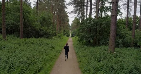 4K Aerial of Man running on a Path through the Forest Glade. British Woods. Stock Footage 91213537