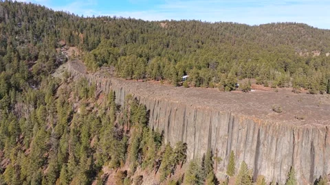 4K Aerial Of Massive Volcanic Rock Mesa And Pine Forest Stock Footage 342889824