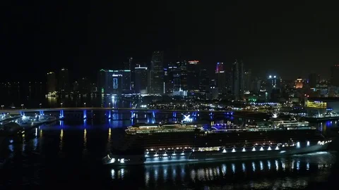 4K aerial Miami Cruise ship and cityscape Stock Footage