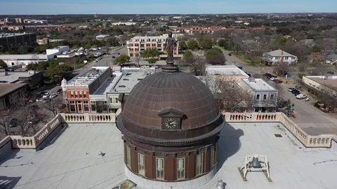 4K aerial motion view over the Georgetown Town Square and Historic Courthouse Stock Footage 124101007