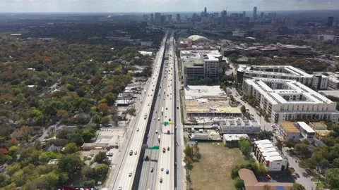 4K aerial motion view over interstate 35 (I-35) in downtown Austin Texas Stock Footage 145899928