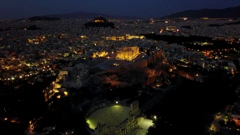 4K Aerial Night Time View Of Acropolis Of Athens Greece Stock Footage 103214930