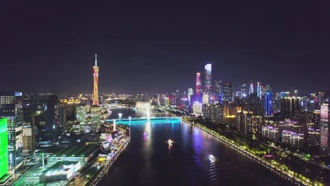 4K Aerial Night View of Canton Tower and CBD in Guangzhou, China Stock Footage 339641213