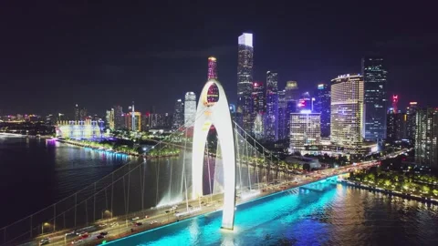 4K Aerial Night View of Canton Tower and CBD in Guangzhou, China Stock Footage 339641241