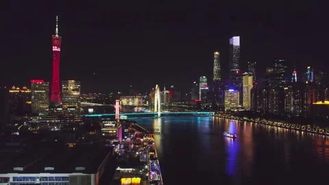 4K Aerial Night View of Canton Tower and CBD in Guangzhou, China Stock Footage 339641243