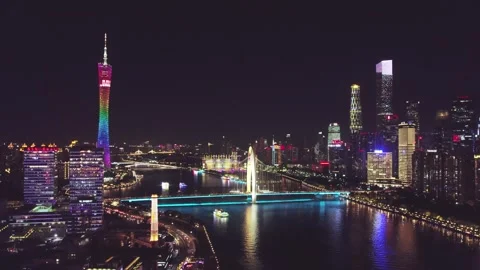 4K Aerial Night View of Canton Tower and CBD in Guangzhou, China Stock Footage 339641248