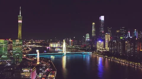 4K Aerial Night View of Canton Tower and CBD in Guangzhou, China Stock Footage 339641249
