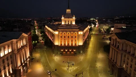 4K Aerial night view of capital of Bulgaria Sofia. Three iconic buildings Stock-Footage 264875579