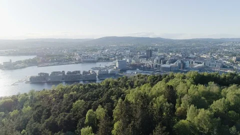 4K aerial of the Oslo city line with a backdrop of downtown Oslo and Stock Footage 107972014