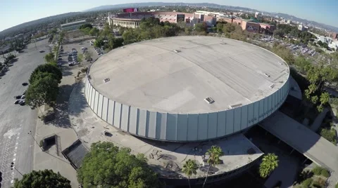4K aerial over head view tilting down of Los Angeles Sports Arena Stock Footage 56877522