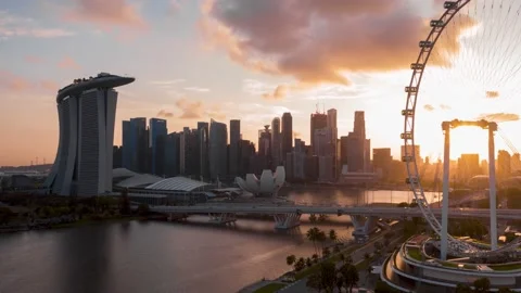 4K Aerial Panorama Drone View of Singapore at Golden Hour - Marina Bay Stock Footage