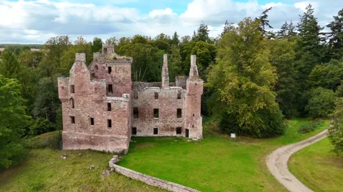 4K Aerial Perspective of Redcastle's Red Sandstone Architecture Stock Footage 330666979