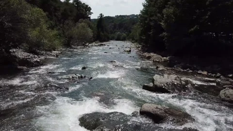 4K aerial point of view. Low altitude flight over fresh fast mountain river with Stock Footage 135440478