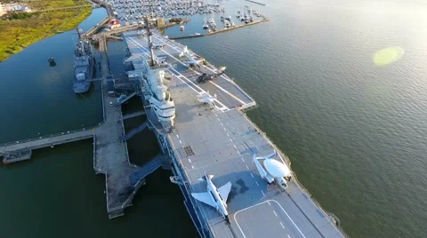 4k Aerial of Retired Aircraft Carrier Battleship In Charleston South Carolina Stock Footage