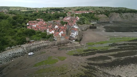 4K aerial reverse footage of Robin Hoods Bay, north Yorkshire, English heritage Stock Footage 199654873