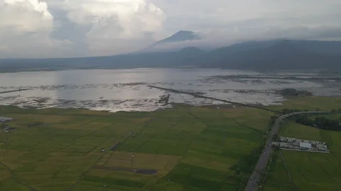 4K aerial shot of green fields next to lake with mountain background Stock Footage 200872880