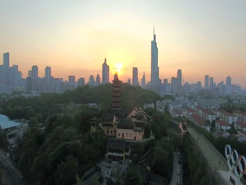 4K Aerial shot of Nanjing city,China, The City landmark at sunset Stock Footage