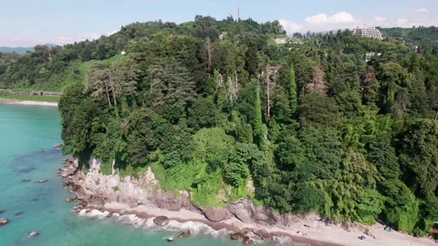 4K Aerial Side View of Botanical Garden Beach in Batumi, Georgia Stock Footage 212484080