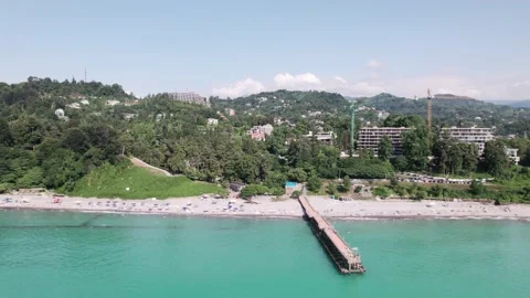 4K Aerial Side View of Botanical Garden Beach in Batumi, Georgia Stock Footage 213683631