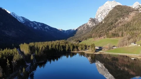 4k aerial sideways shot in front of mountain at lake Hintersee, Bavaria, Germany Stock Footage 107325550