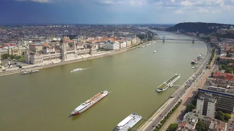 4K Aerial skyline view of centre of Budapest with Hungarian Parliament Stock Footage 90905101