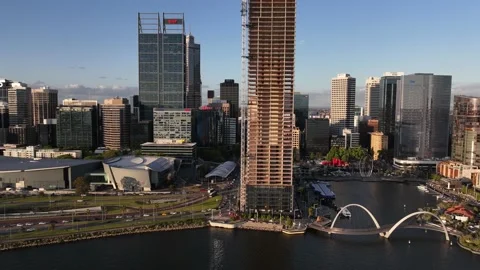 4K Aerial Sunset Hyperlapse over Perth City Elizabeth Quay Construction Stock Footage 222083270