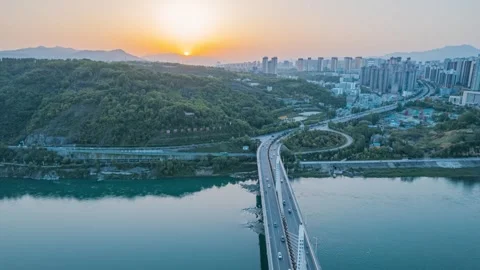 4K Aerial Sunset Time-lapse of Han River Bridge in Ankang Stock Footage 341573906