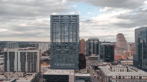 4K Aerial Time Lapse Hyperlapse Cesar Chavez Downtown Austin Skyline Sunset Stock Footage 101807852