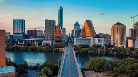 4K Aerial Time Lapse Hyperlapse Austin Skyline Texas Sunset Congress Bridge Stock Footage 113687027