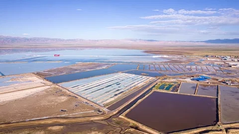 4K Aerial Time-lapse of Salt Mining Boats on Chaka Salt Lake Stock Footage 341680791