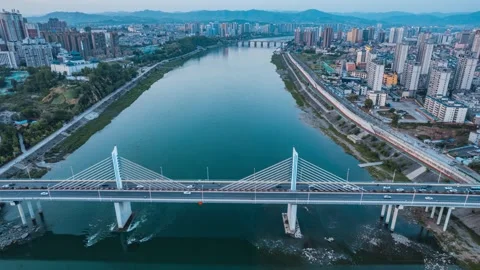 4K Aerial Time-lapse of Traffic Along Han River in Ankang Stock Footage 341573796