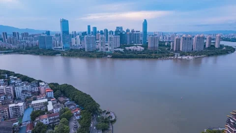 4K Aerial Timelapse of CBD along Urban Skyline, Huizhou, Guangdong Видео 344371942